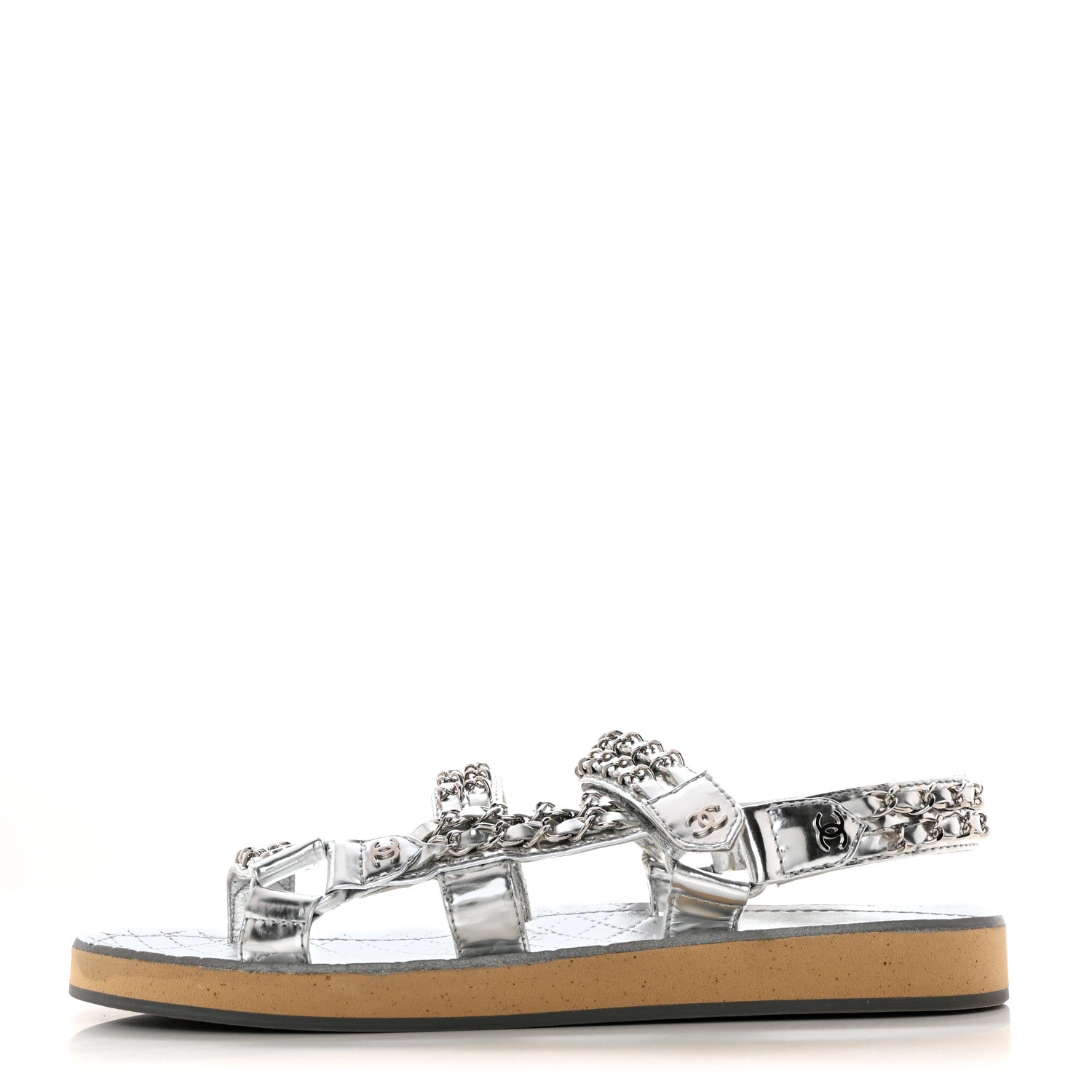 Chanel Metallic Laminated Goatskin Chain Flat Sandals 39.5 Silver 1 of 7