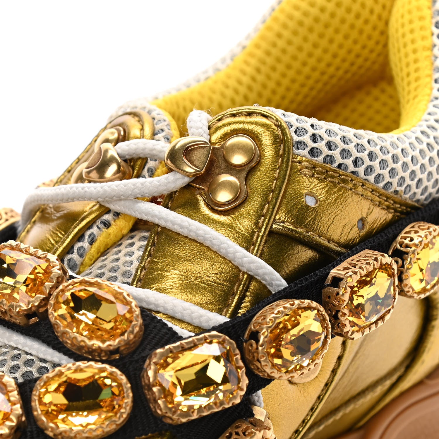 Gucci X SEGA Metallic Calfskin Mesh Removable Crystals Womens Flashtrek Sneakers 37 Oro Vecchio Mystic White Silver 9 of 10