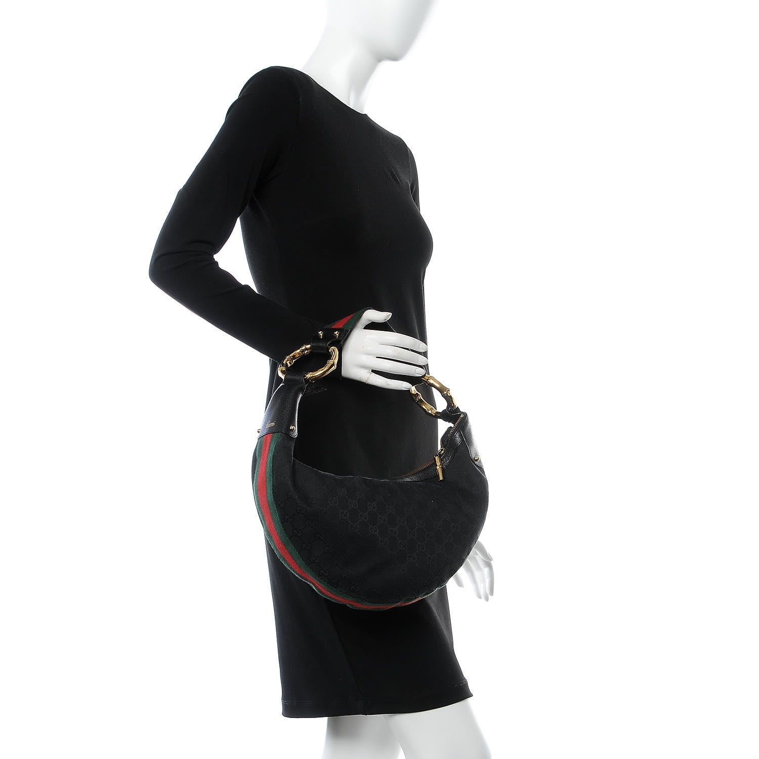 Gucci Monogram Web Bamboo Ring Hobo Black 2 of 10