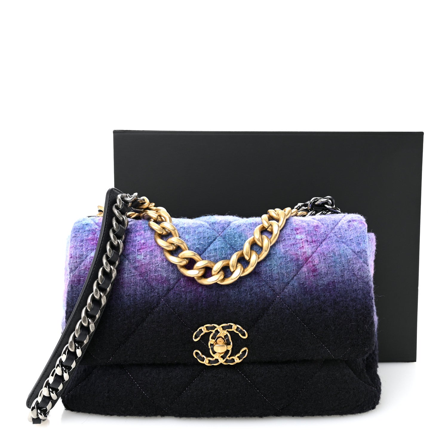 Chanel Wool Tweed Quilted Large Chanel 19 Flap Purple Black Blue 11 of 11