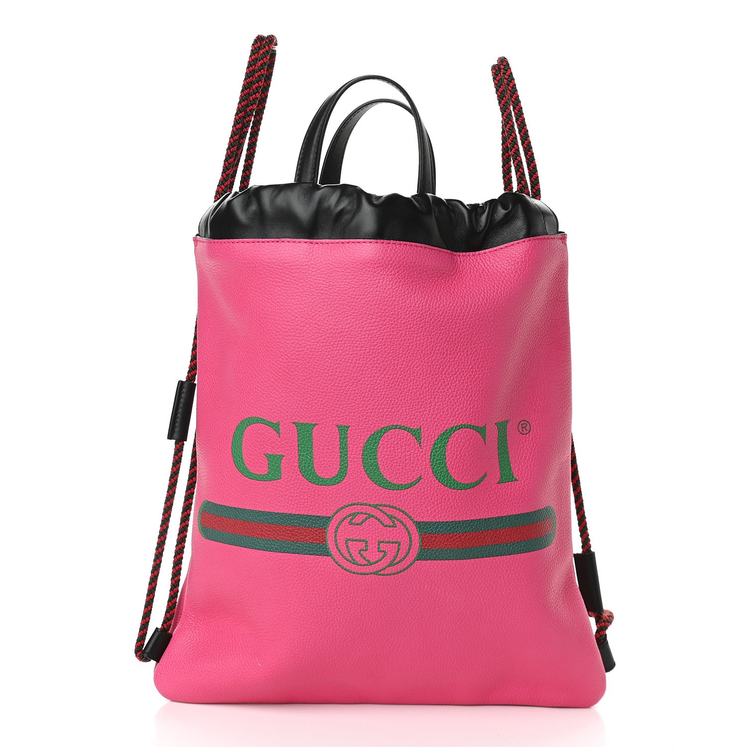 Gucci Grained Calfskin Logo Drawstring Backpack Box Pink Green Black 1 of 11