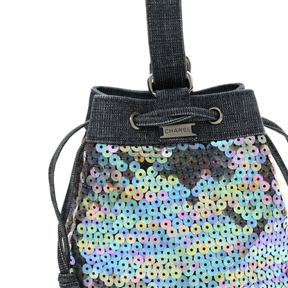 Chanel Sequin Denim Small Drawstring Bucket Bag Blue 9 of 17