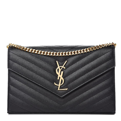 Saint Laurent Grain De Poudre Matelasse Chevron Monogram Chain Wallet Black 1 of 13