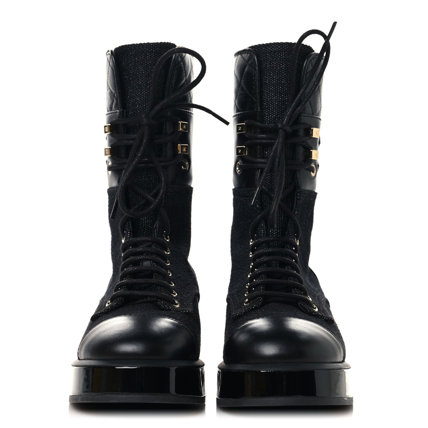 Fabric Patent Calfskin Lambskin Quilted CC Lace Up Combat Boots 36 Black