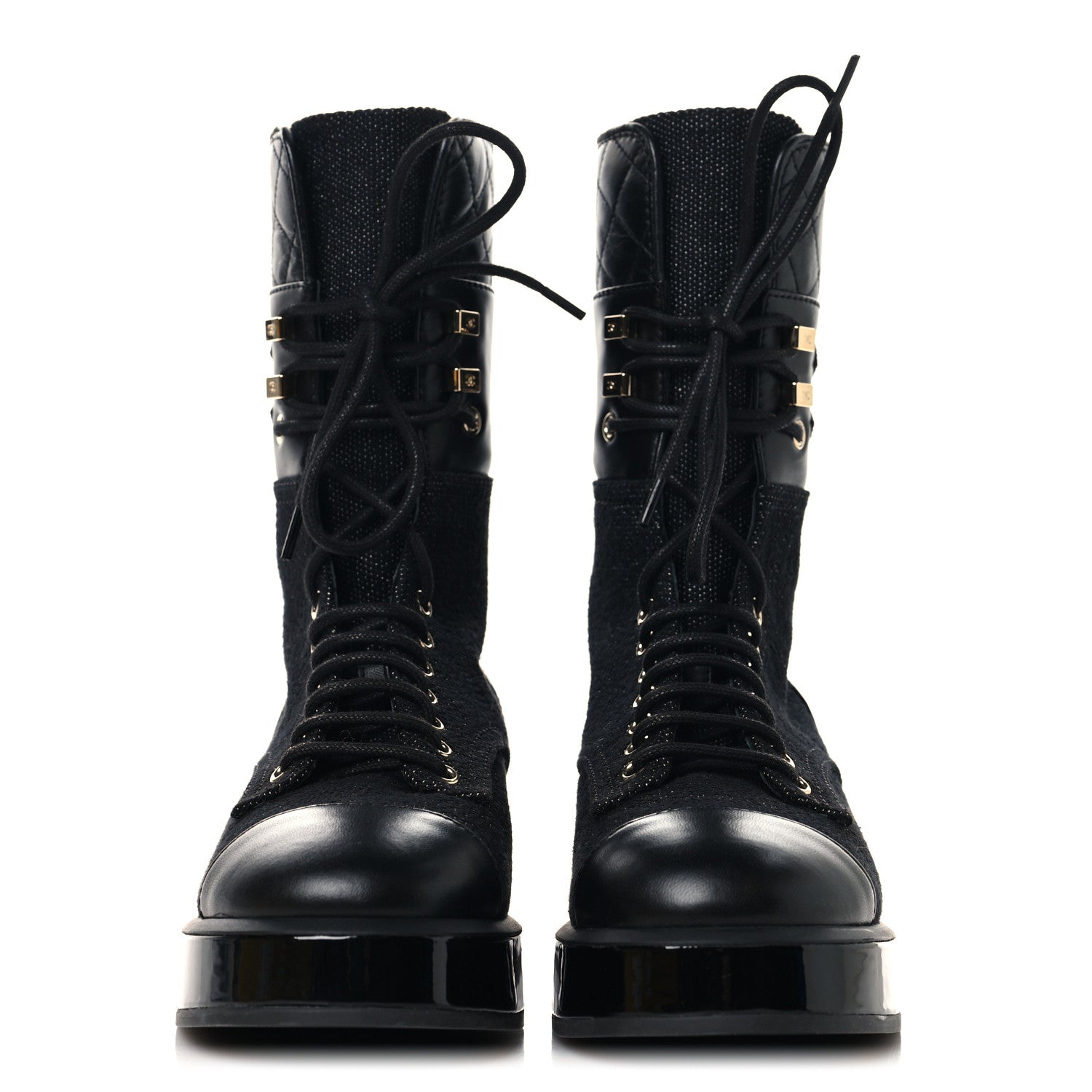 Chanel Fabric Patent Calfskin Lambskin Quilted CC Lace Up Combat Boots 36 Black 2 of 8