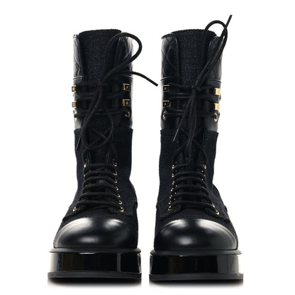 Chanel Fabric Patent Calfskin Lambskin Quilted CC Lace Up Combat Boots 36 Black 2 of 8