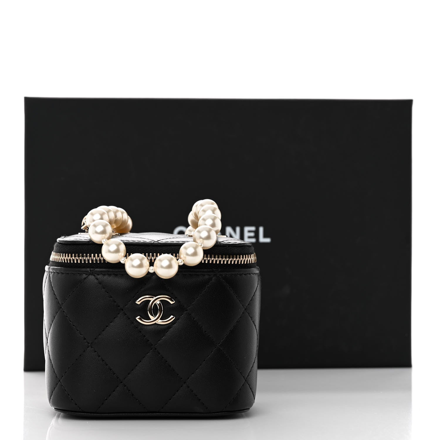 Chanel Lambskin Quilted Mini Vanity Case With Pearl Chain Black 11 of 11