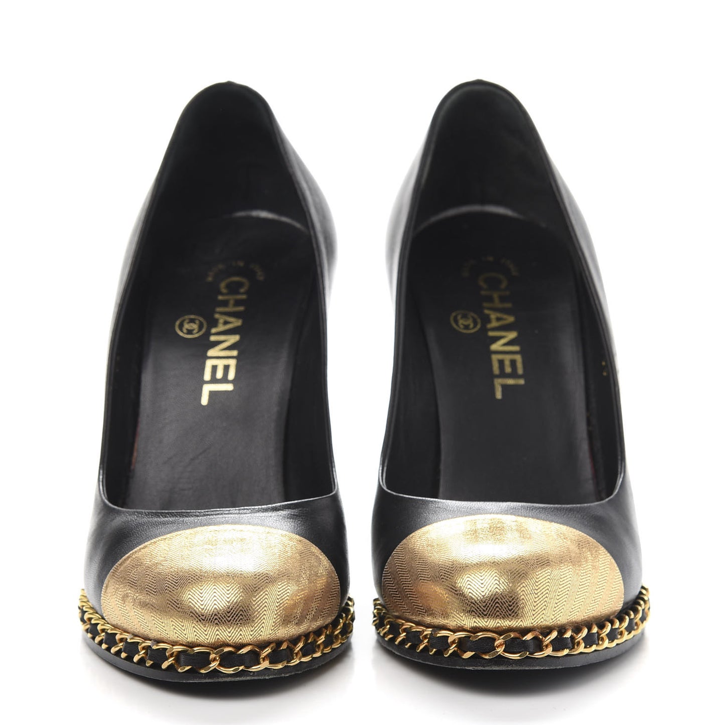 Lambskin Chain Around Cap Toe Pumps 37 Black Gold