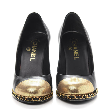 Chanel Lambskin Chain Around Cap Toe Pumps 37 Black Gold 2 of 10
