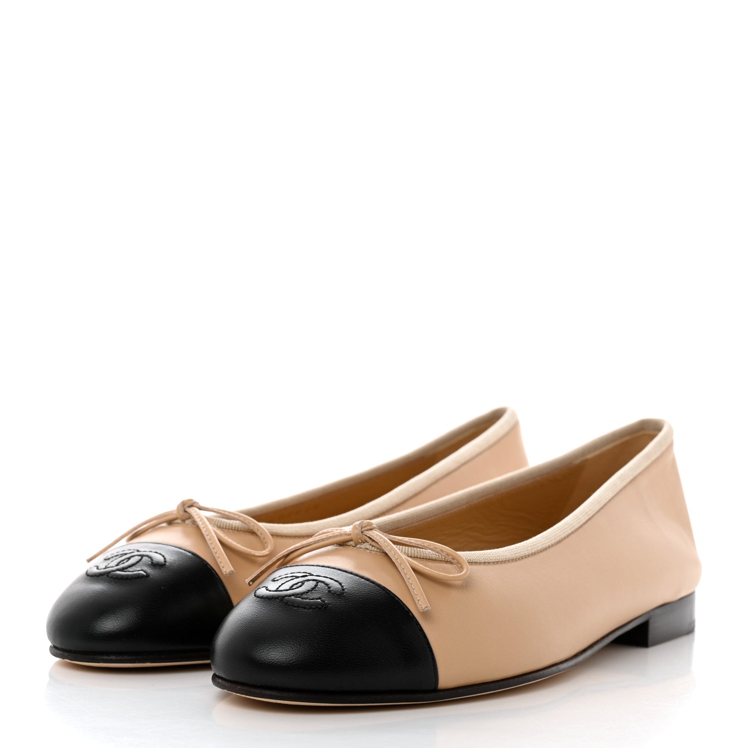 Chanel Lambskin Cap Toe CC Ballerina Flats 38.5 Beige Black 3 of 9