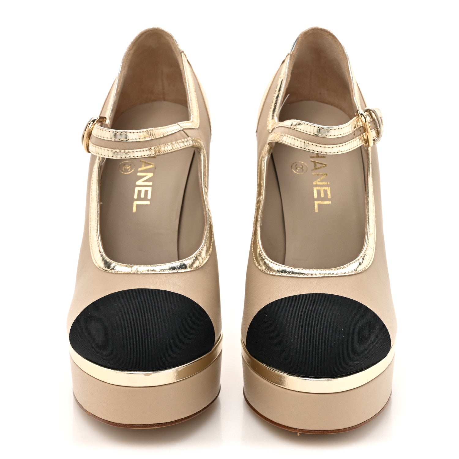 Chanel Lambskin Metallic Cap Toe Mary Jane Platform Pumps 38 Gold 2 of 12