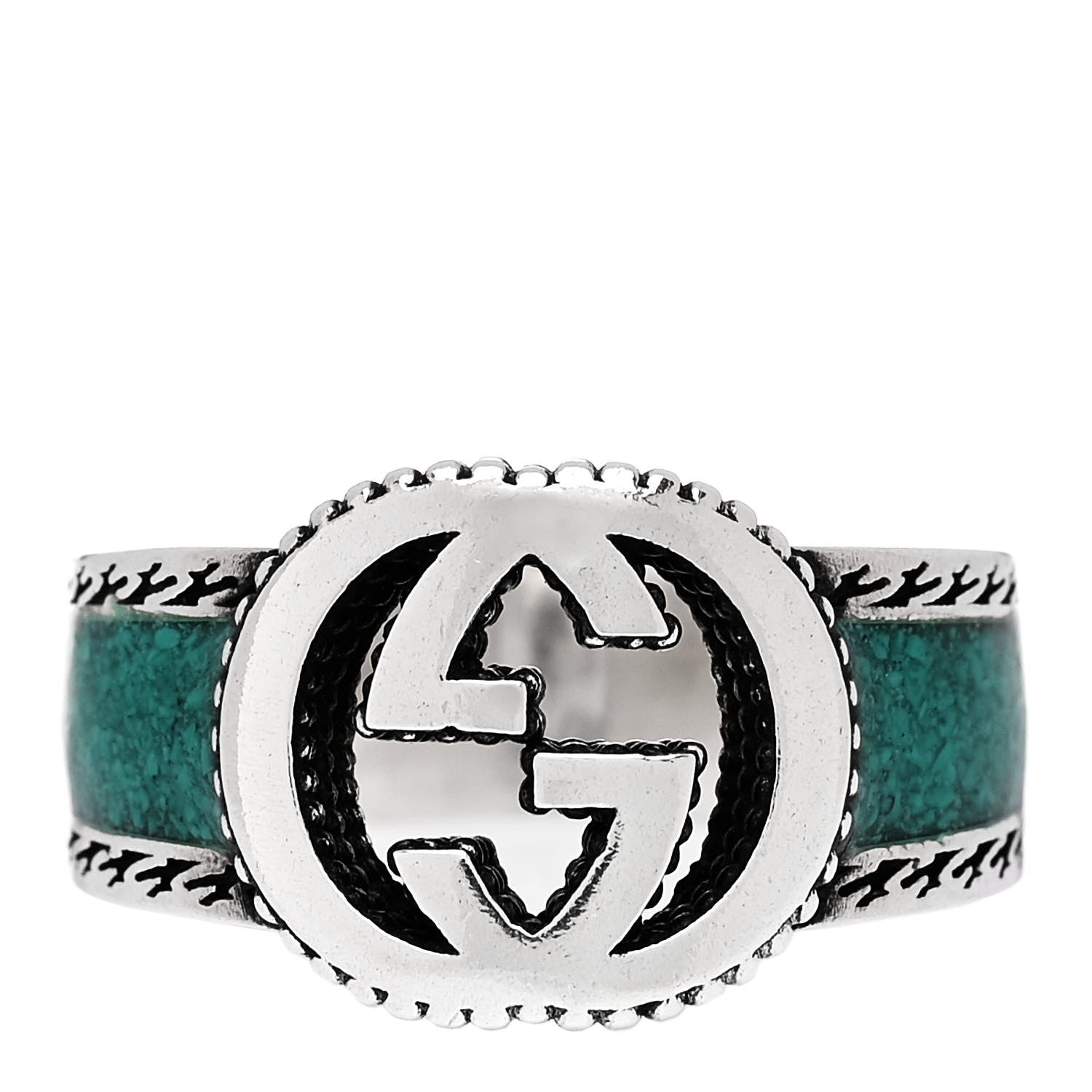 Gucci Sterling Silver Enamel Interlocking G Band Ring 56 7.5 Turquoise 1 of 5