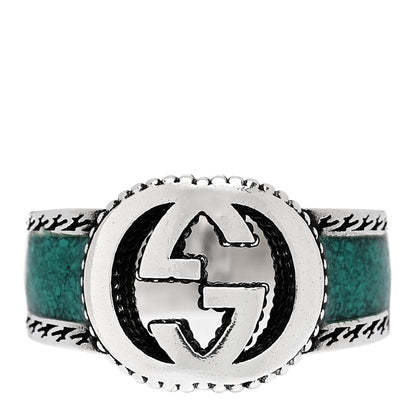 Gucci Sterling Silver Enamel Interlocking G Band Ring 56 7.5 Turquoise 1 of 5