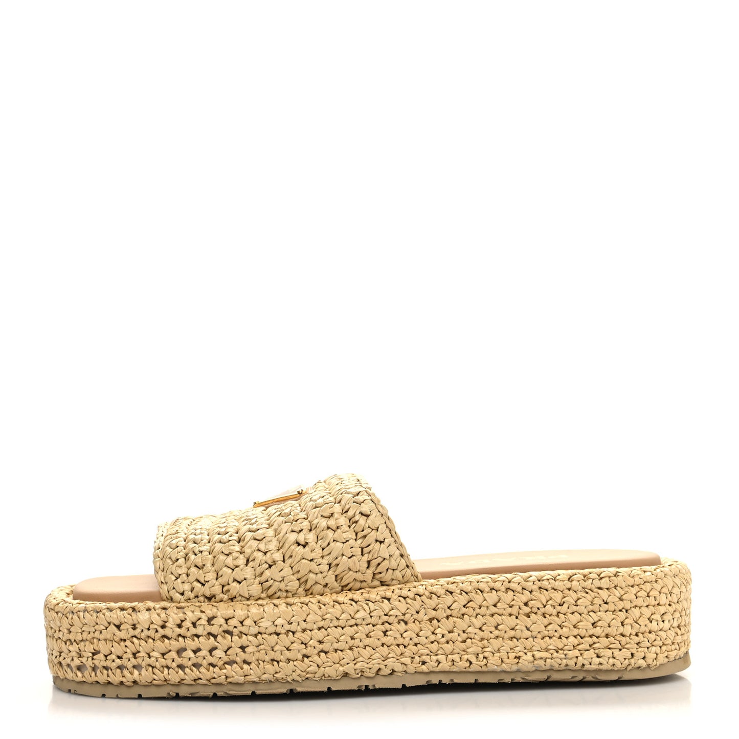 Raffia Metal Triangle Logo Woven Flatform 35mm Slide Sandals 37 Naturale