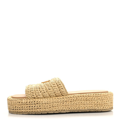 Prada Raffia Metal Triangle Logo Woven Flatform 35mm Slide Sandals 37 Naturale 1 of 10
