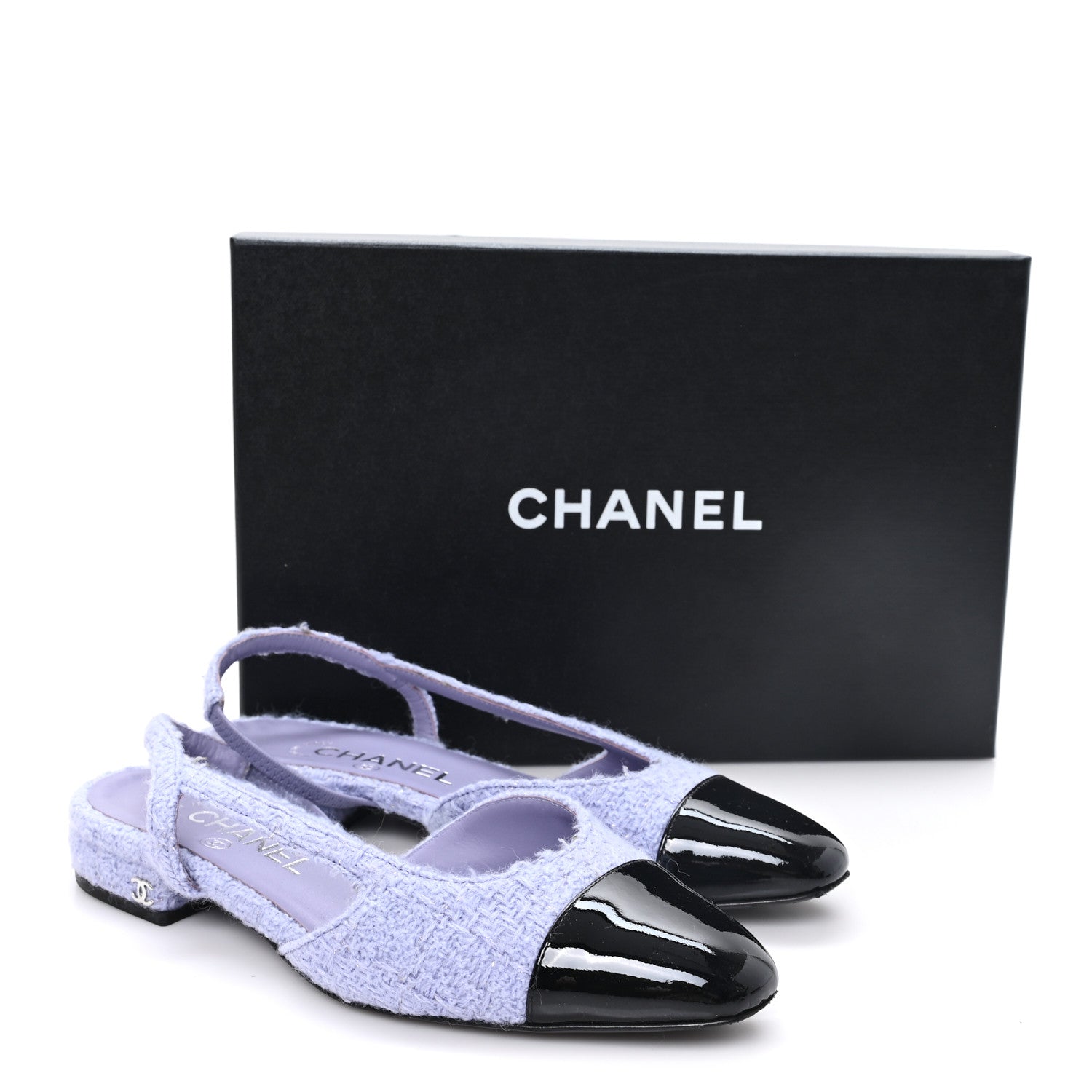 Chanel Iridescent Wool Tweed Patent Cap Toe CC Slingback Flats 36.5 Light Purple Silver Black 10 of 10
