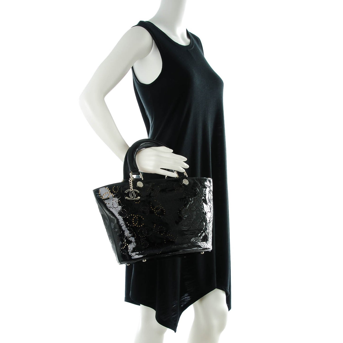 Patent Perforated CC N°5 Shopping Tote Black