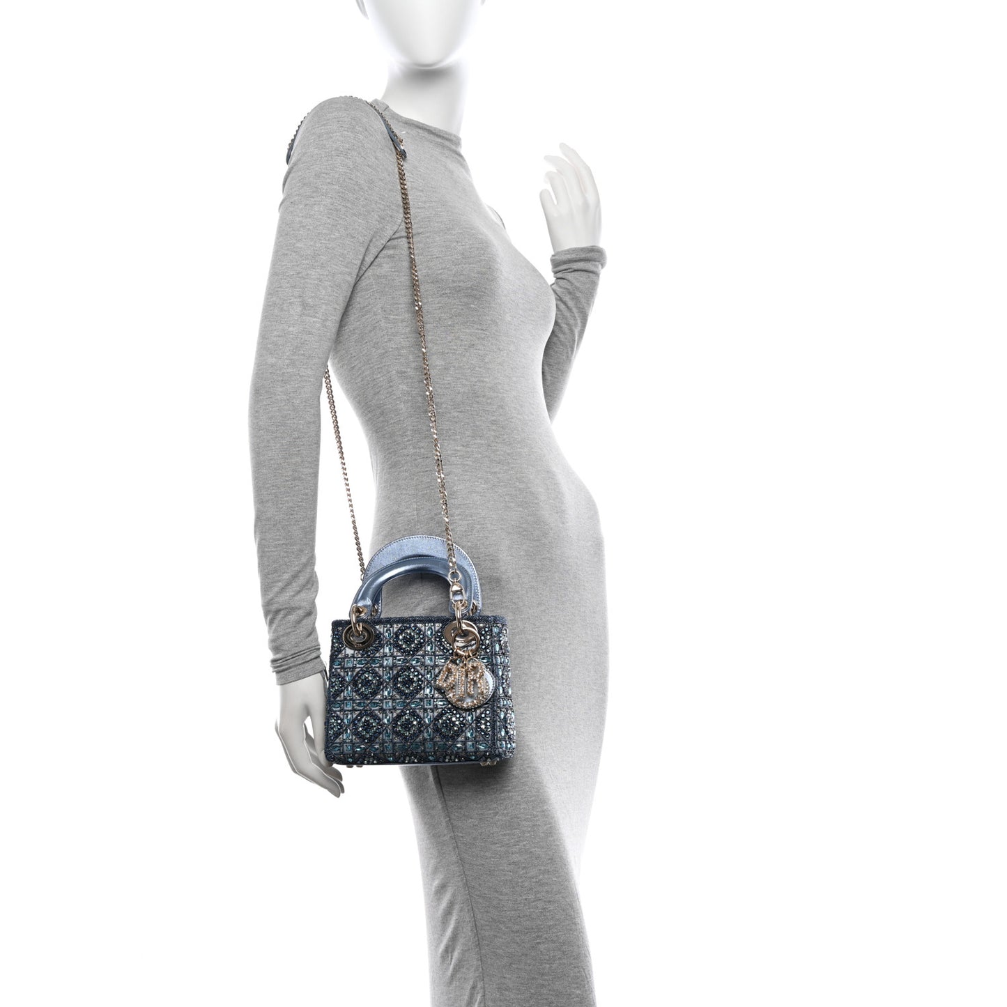 Metallic Calfskin Satin Celestial Bead Embroidery Cannage Mini Lady Dior Blue