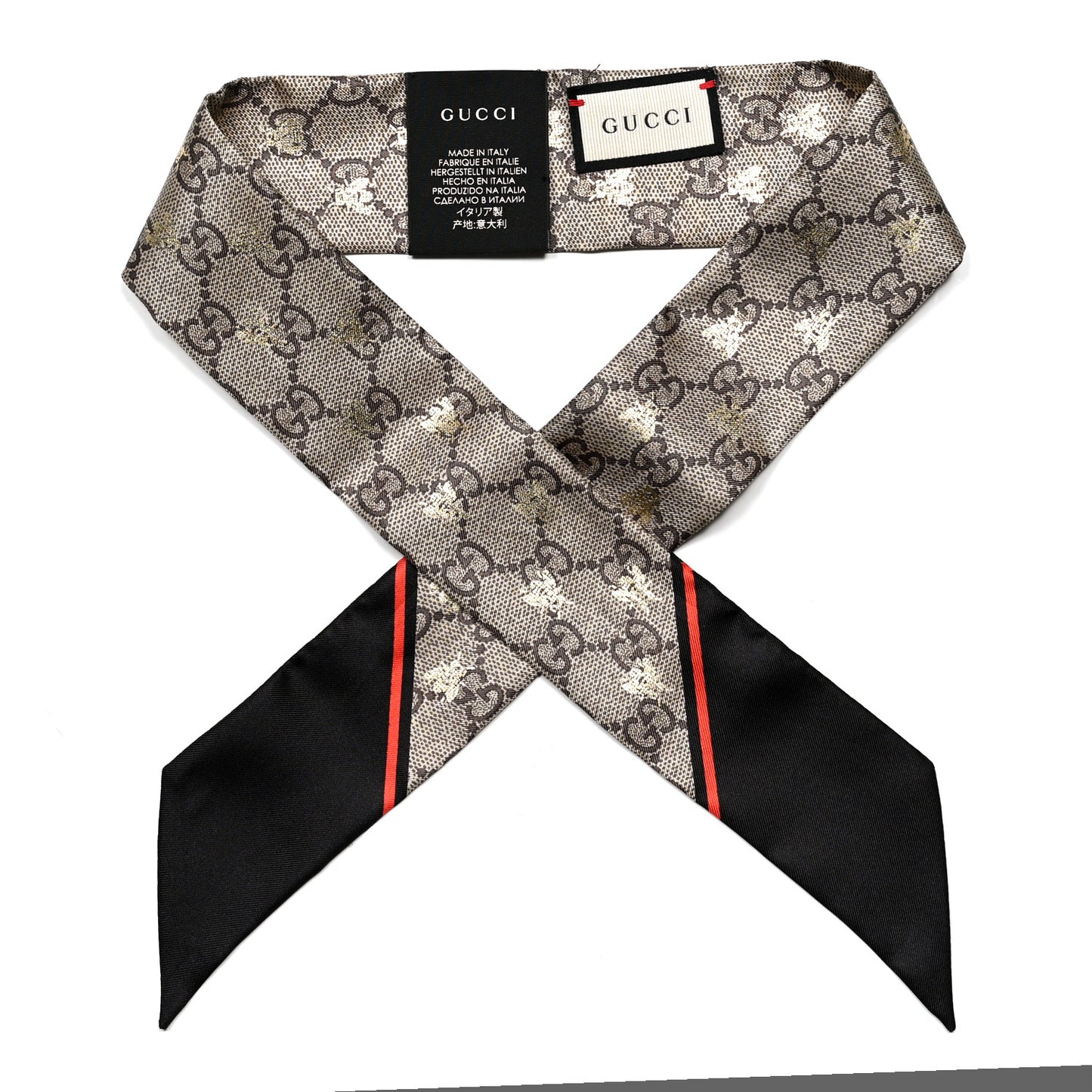 Silk Twill GG Monogram GG Bee Neck Bow Scarf Black Red