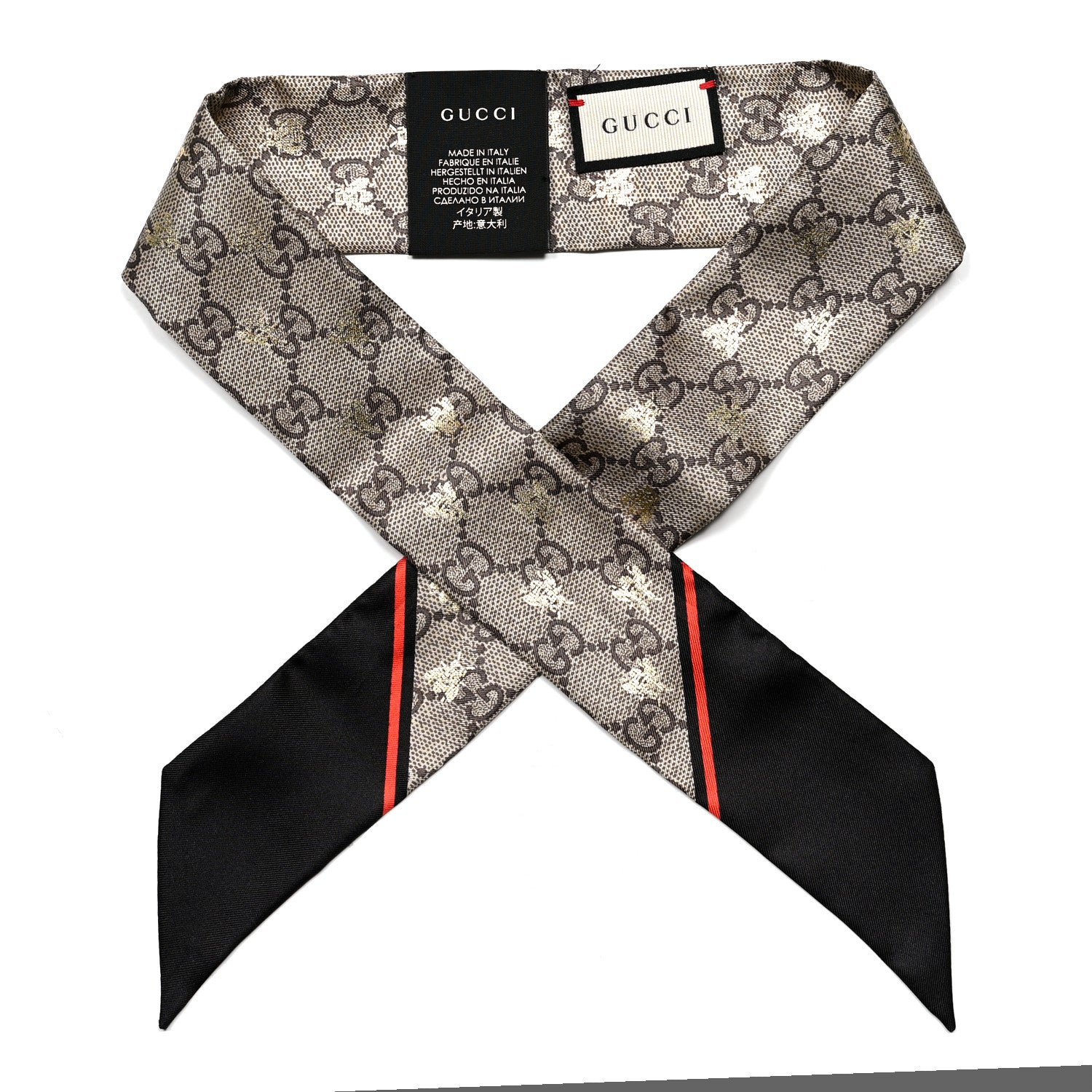 Gucci Silk Twill GG Monogram GG Bee Neck Bow Scarf Black Red 1 of 4