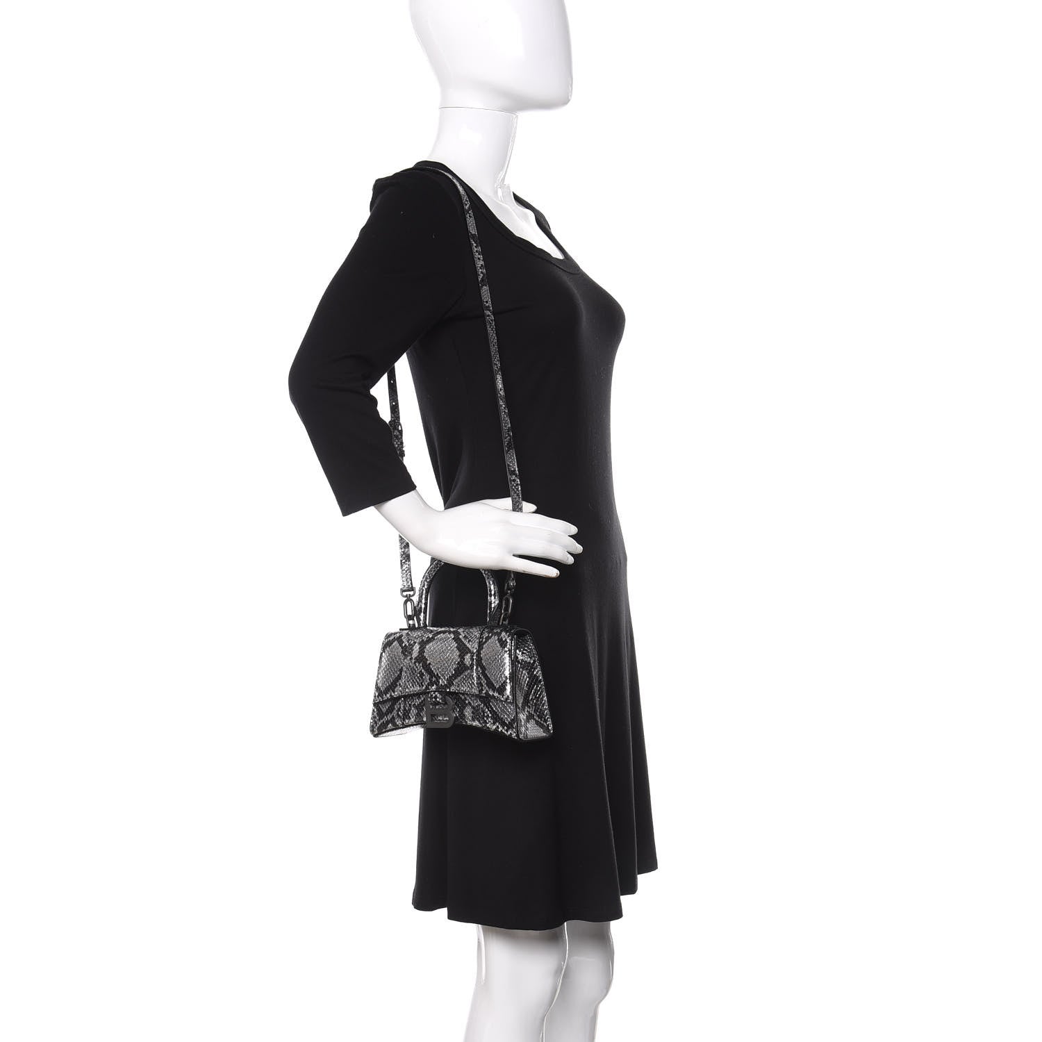 Balenciaga Shiny Calfskin Snakeskin Embossed Hourglass Top Handle Bag XS Silver Black 2 of 9