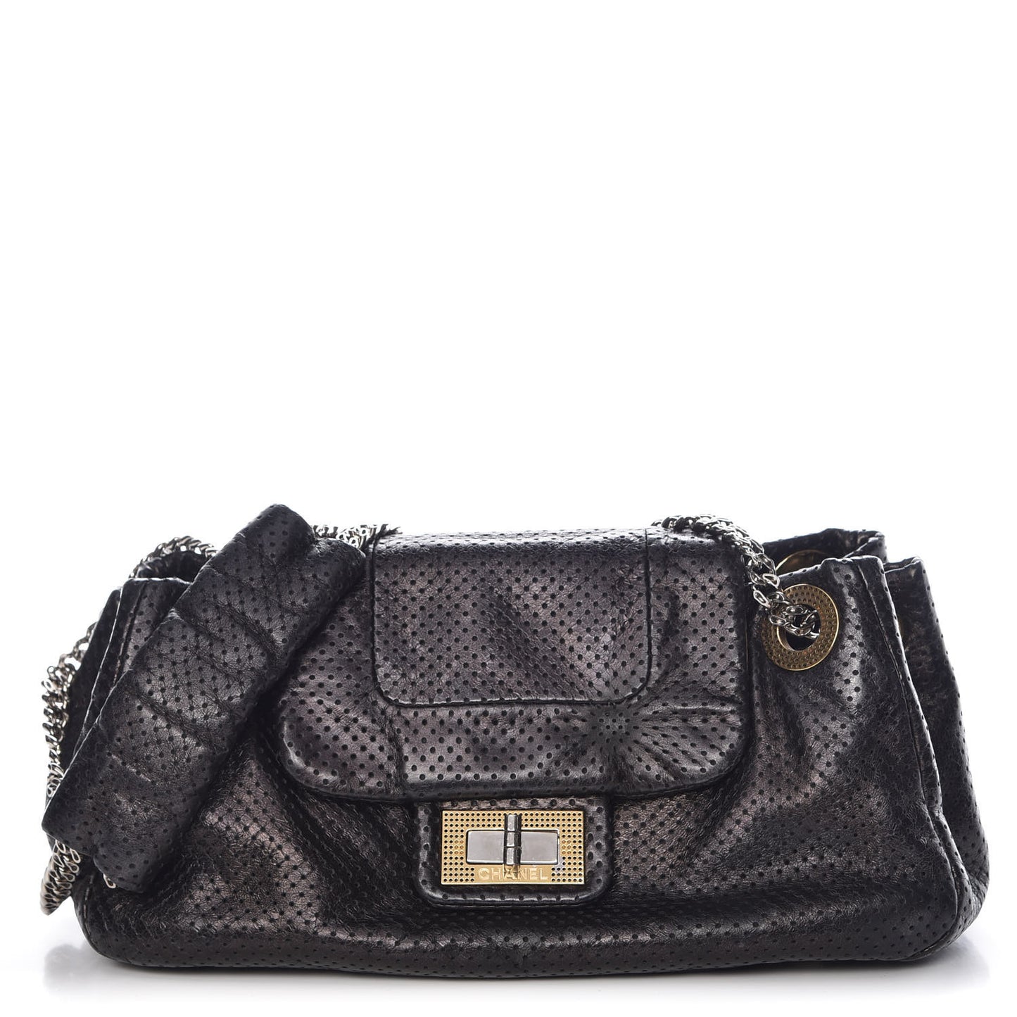 Metallic Calfskin Perforated Drill Accordion Flap Black
