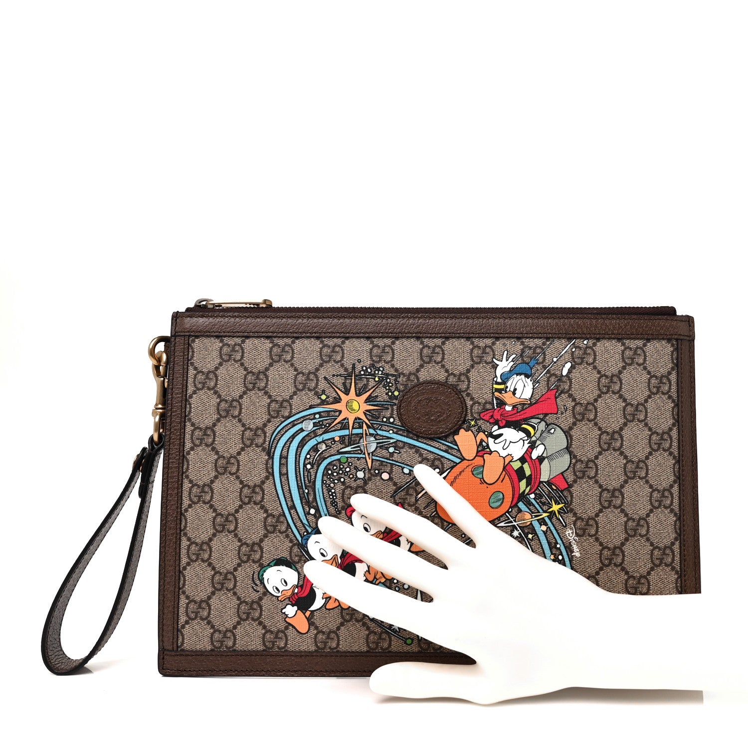 Gucci X DISNEY GG Supreme Monogram Donald Duck Interlocking G Wristlet Pouch Beige Multicolor New Acero 2 of 8