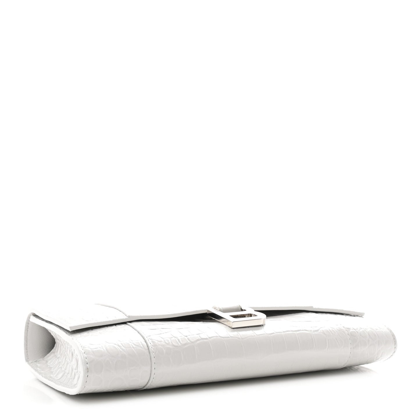 Shiny Calfskin Crocodile Embossed Top Handle Hourglass Clutch White