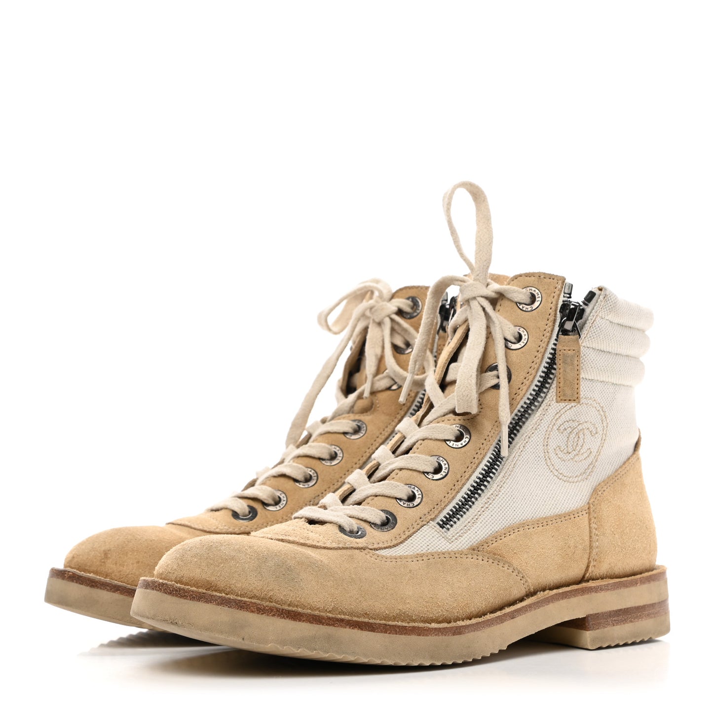 Toile Suede Calfskin CC Lace Up Short Boots 38 Light Beige