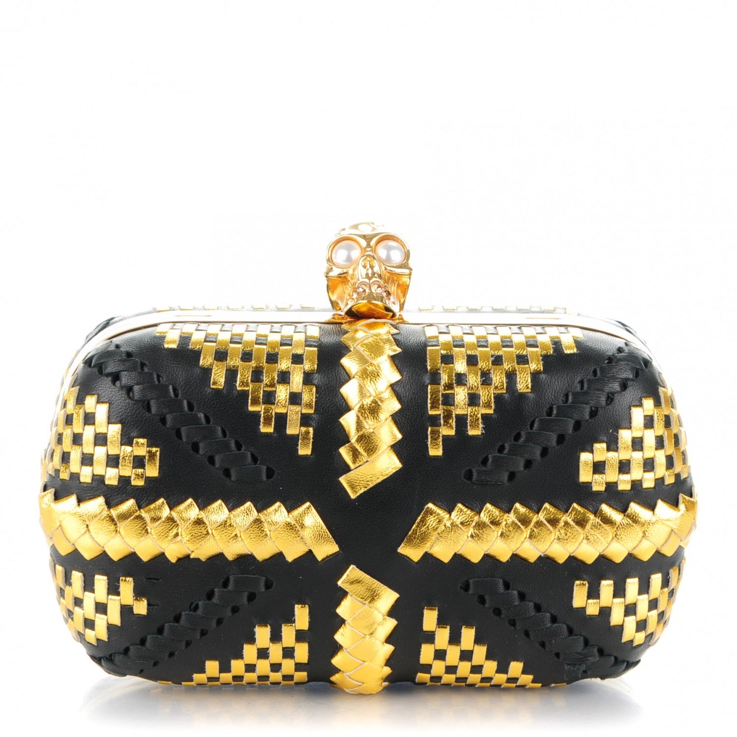 Calfskin Woven Pearl Crystal Skull Box Clutch Black Gold
