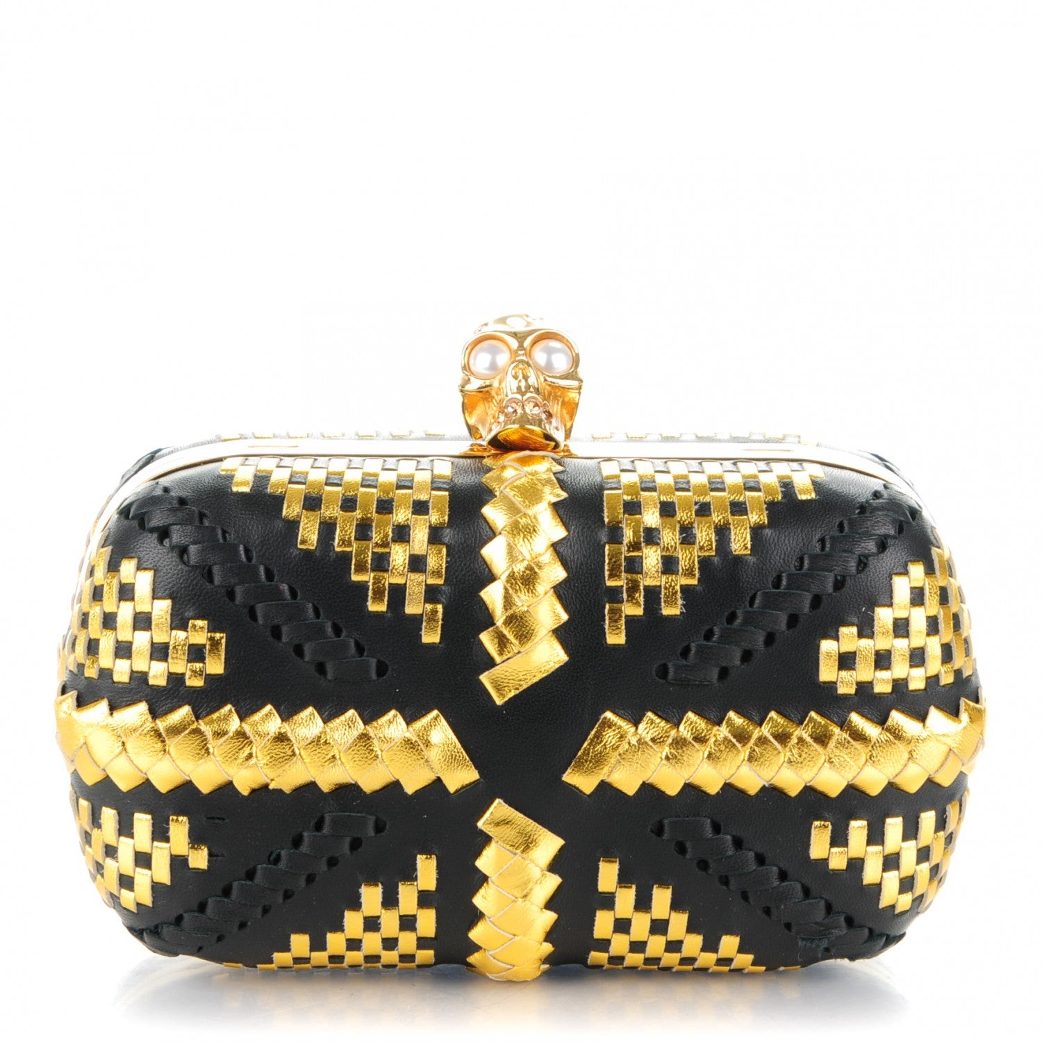 Alexander McQueen Calfskin Woven Pearl Crystal Skull Box Clutch Black Gold 1 of 7
