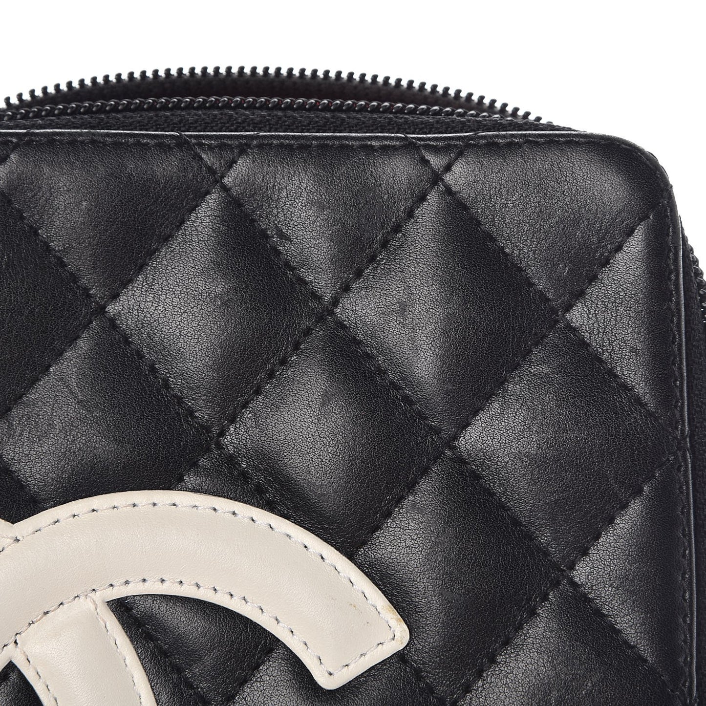 Calfskin Quilted Cambon Zip Around Makeup Pouch Black White
