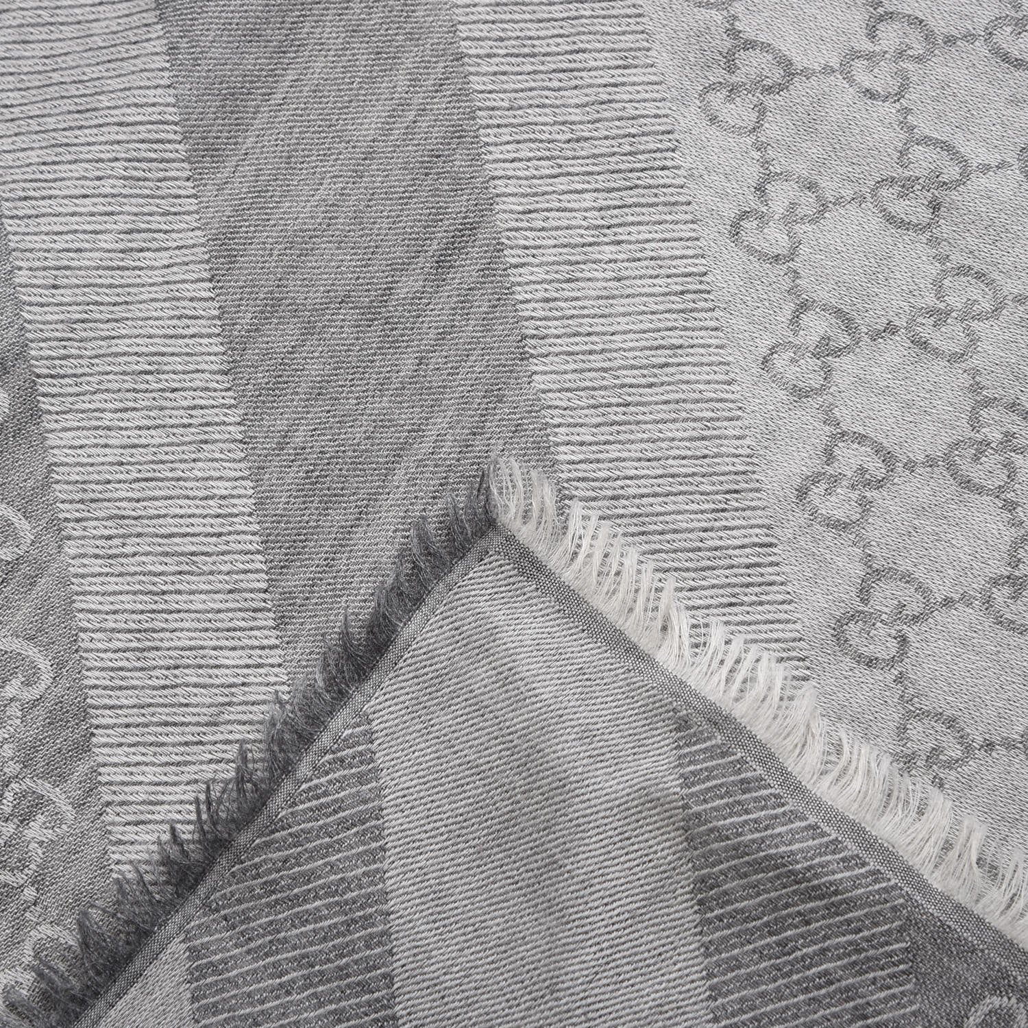 Gucci Wool Silk Monogram GGWeb Fringe Shawl Pearl Medium Grey 3 of 7