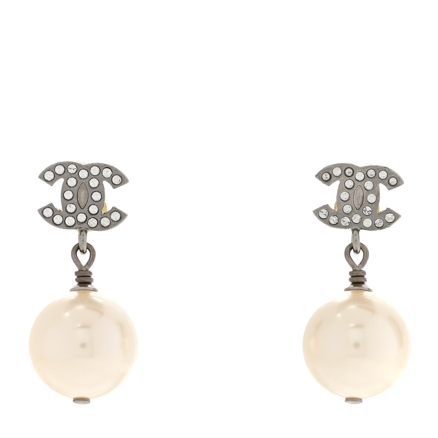 Chanel Crystal Pearl CC Drop Earrings Silver Pearly White 1 of 4