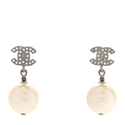 Chanel Crystal Pearl CC Drop Earrings Silver Pearly White 1 of 4