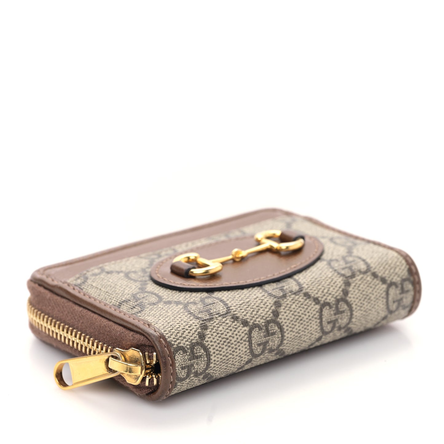 GG Supreme Monogram Azalea Calfskin Horsebit 1955 Zip Around ID Card Case Wallet Beige Ebony Brown Sugar
