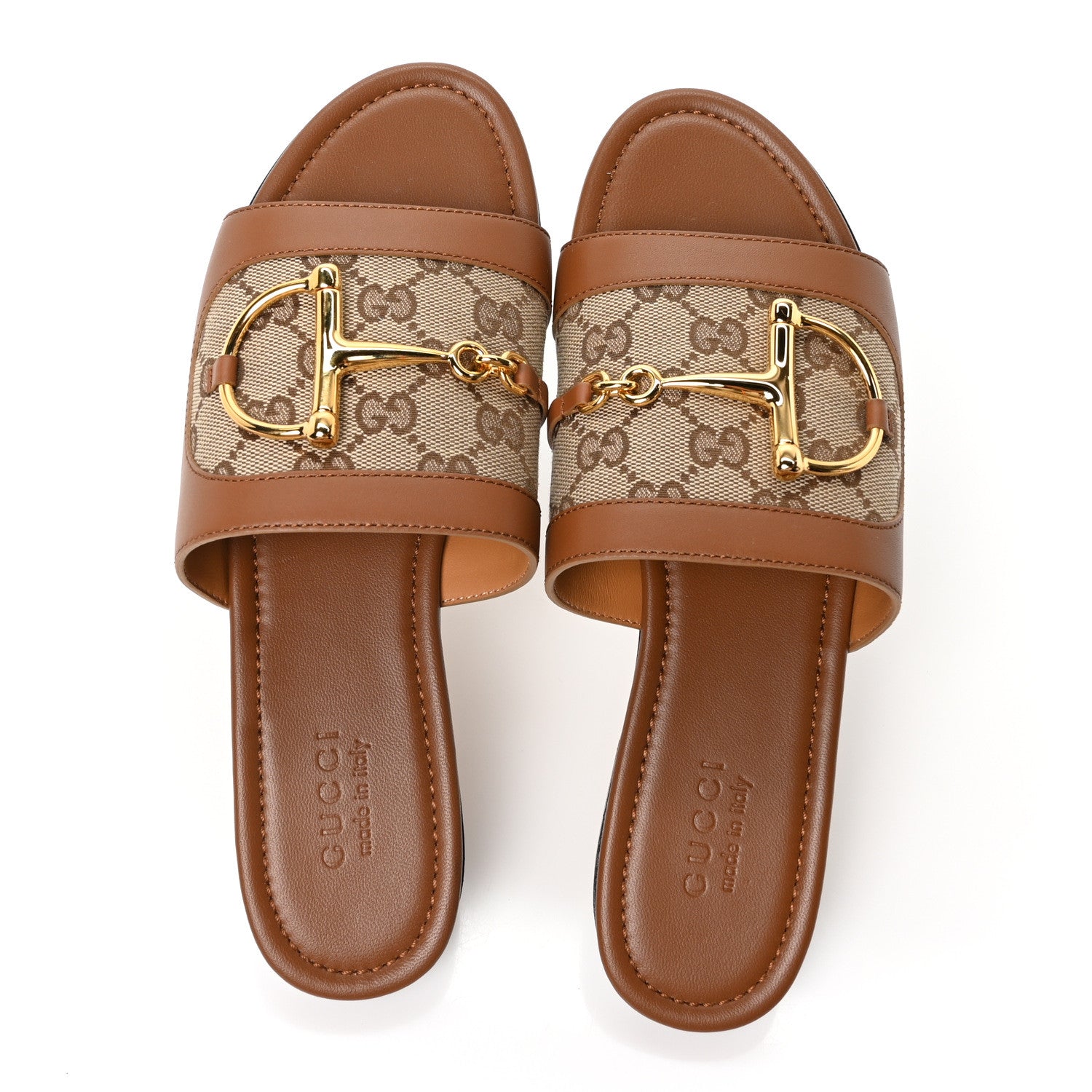 Gucci Calfskin Monogram Horsebit Womens Slide Sandals 39 Beige Ebony Sundial 2 of 9