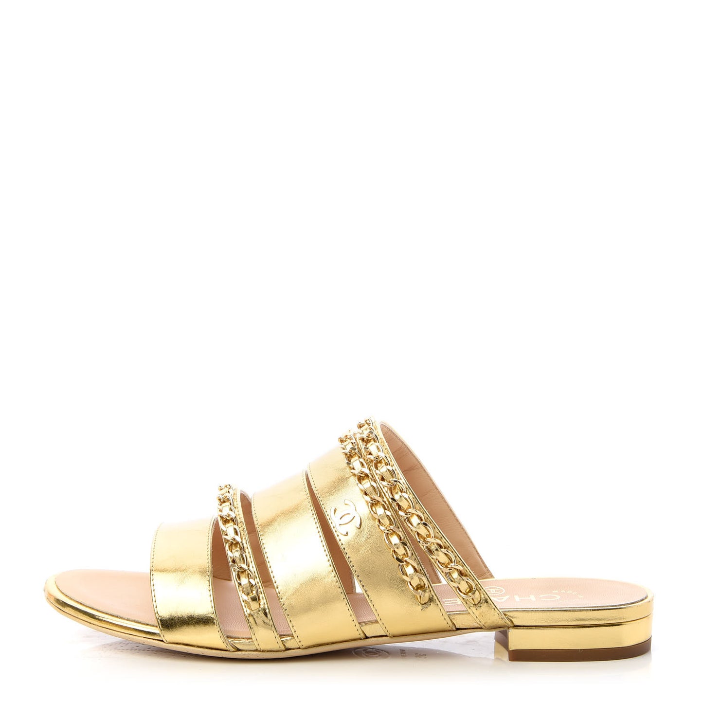 Metallic Lambskin Chain Mule Sandals 38.5 Gold