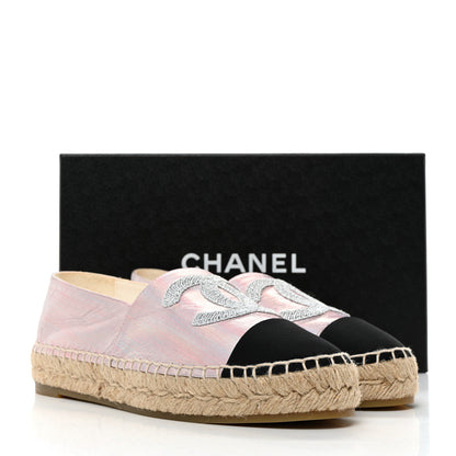 Chanel Laminated Lambskin Grosgrain Embroidered CC Espadrilles 39 Pink Silver Black 9 of 9