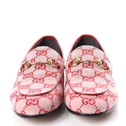 Gucci Canvas GG Monogram Horsebit Womens Jordaan Loafers 37.5 Gardenia Hibiscus Red 3 of 9