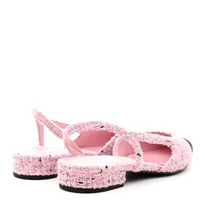 Chanel Tweed Grosgrain Cap Toe Slingback Flats 39 Pink White Black 5 of 10