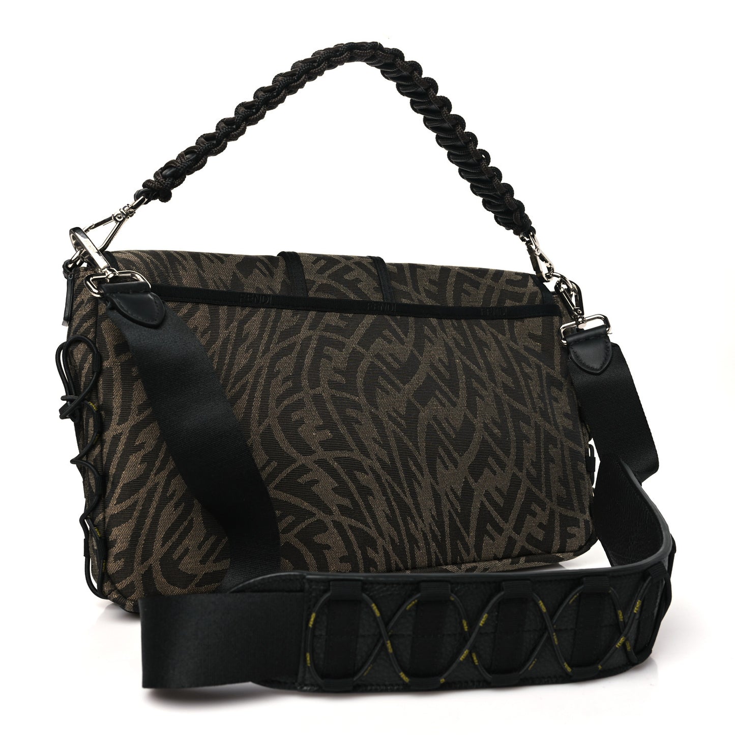 X SARAH COLEMAN Fabric Jacquard Vitello Grace FF Vertigo Woven Lanyard Large Baguette Tobacco Moro Black