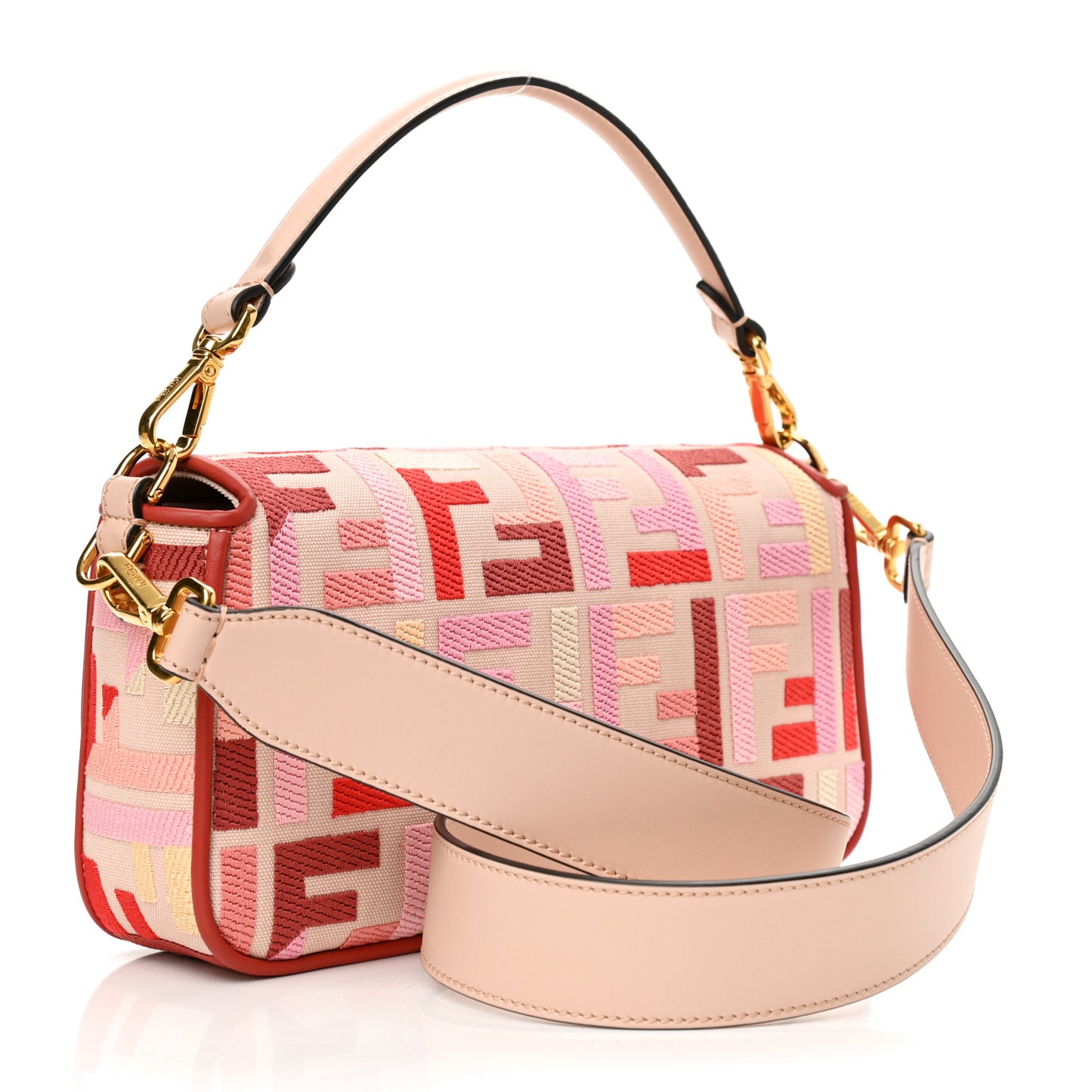 Canvas Vitello King FF Embroidered Baguette Rosa Quarzo Bloody Mary Multicolor