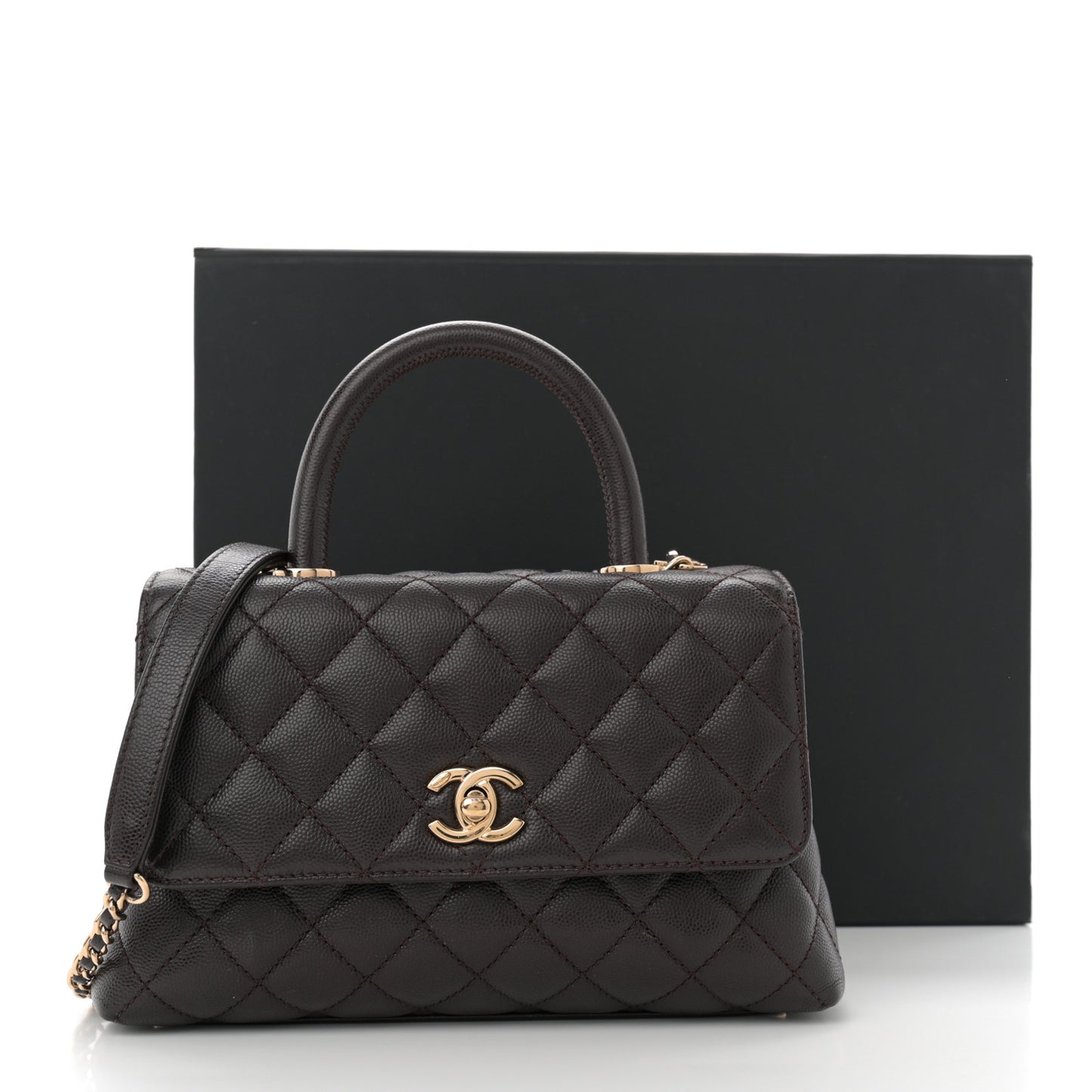 Caviar Quilted Mini Coco Handle Flap Dark Brown