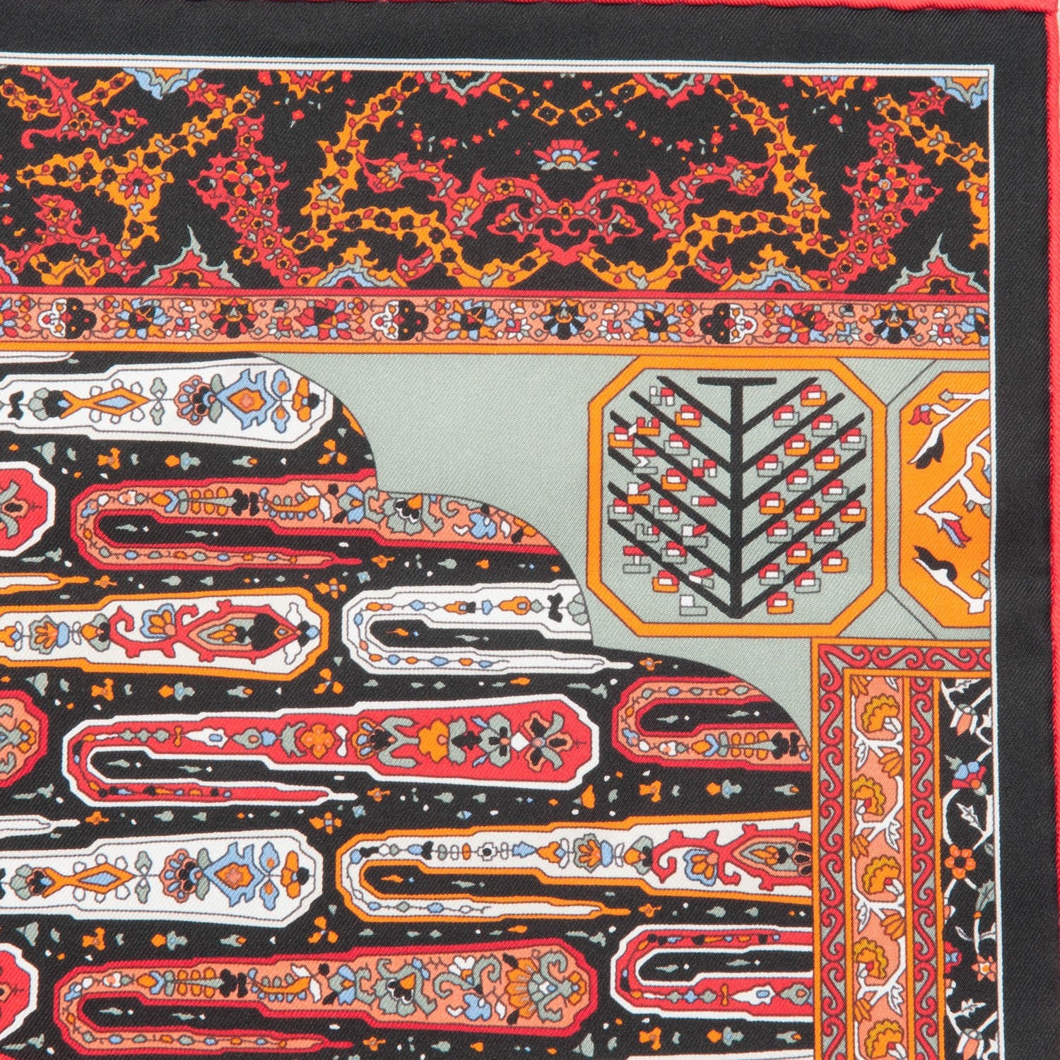 Hermes Silk Gavroche Tapis Persan Zoom Pocket Square Scarf Rouge Orange Black 7 of 7