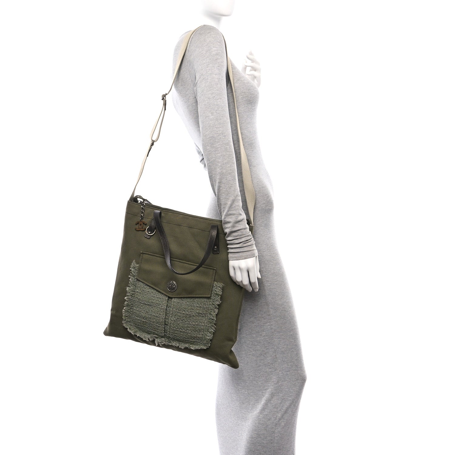 Chanel Canvas Tweed Stitched Cuba Patchwork Large Crossbody Shopper Tote Khaki 2 of 10