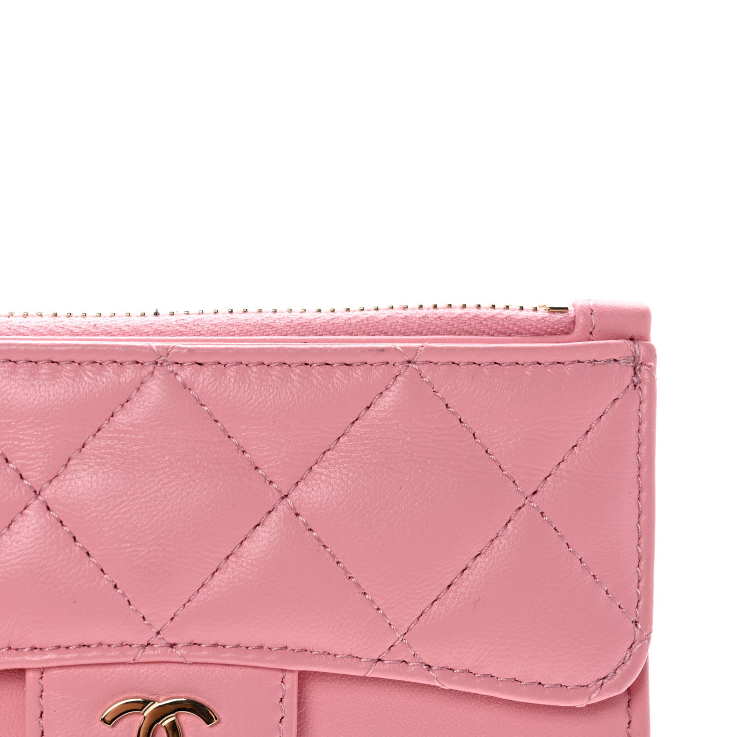 Lambskin Quilted Flap Zip Card Holder Pink