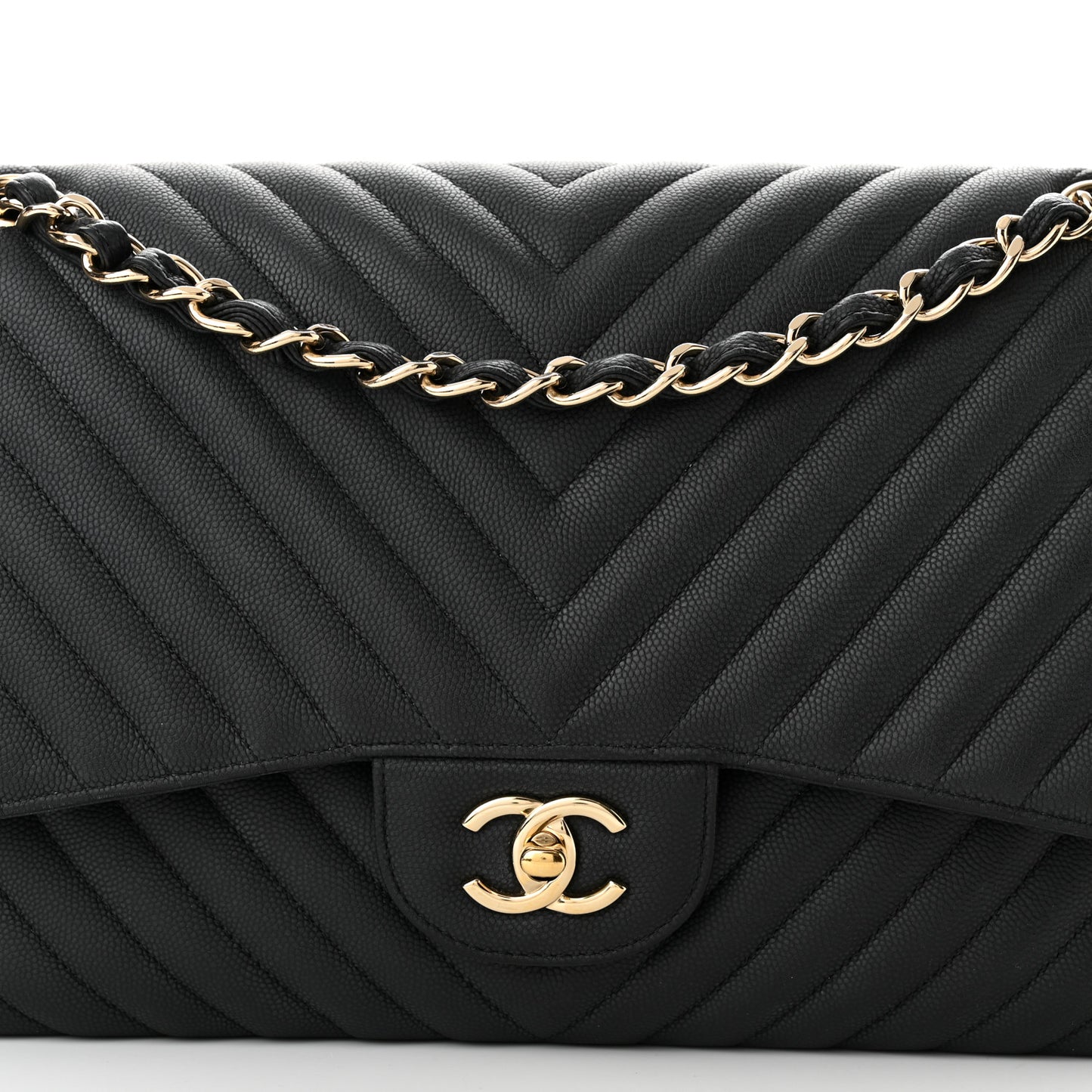 Caviar Chevron Quilted Jumbo Double Flap Black