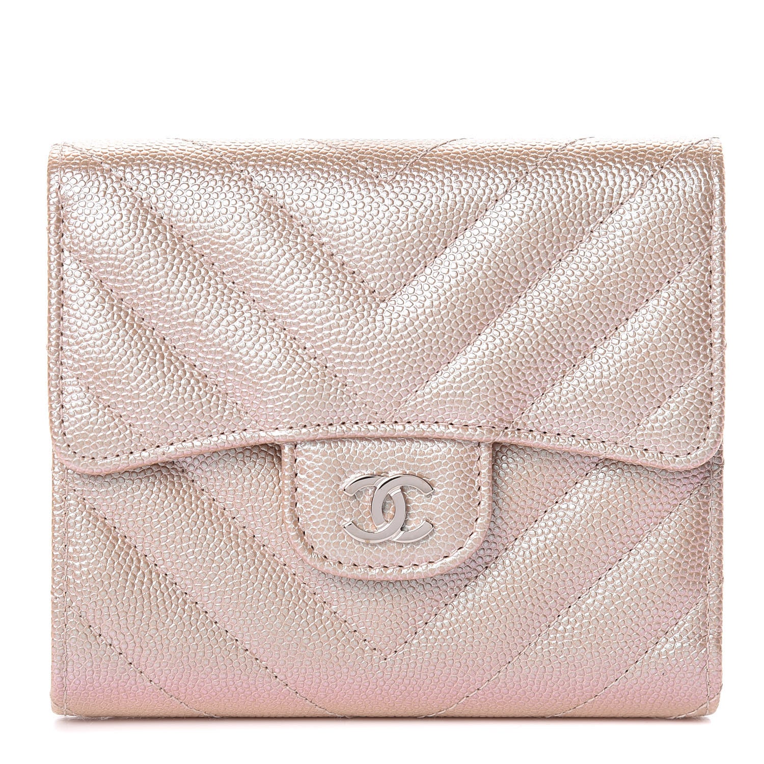 Chanel Metallic Caviar Chevron Quilted Compact Flap Wallet Light Gold 1 of 9