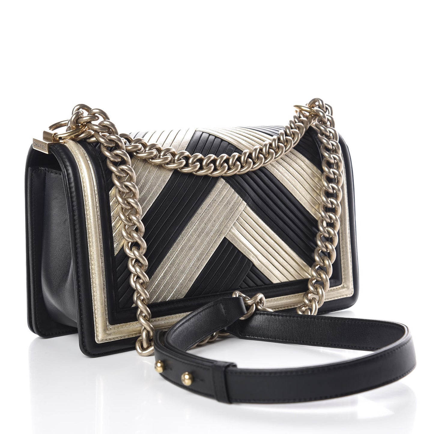 Metallic Calfskin Pleated Medium Boy In Rome Flap Black Gold